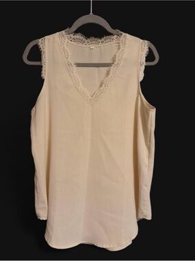 Cream Lace Trim Sleeveless V-Neck Blouse